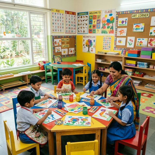 Children learning at Mazhalai Preschool